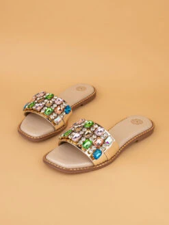 Aberto Torresi Gold Embellished Slide Sandals – Luxe Design With Multicolor Crystals -Alberto Torresi Sale Store 1003 MULTI GOLD N 5