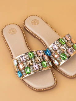 Aberto Torresi Gold Embellished Slide Sandals – Luxe Design With Multicolor Crystals -Alberto Torresi Sale Store 1003 MULTI GOLD N 6