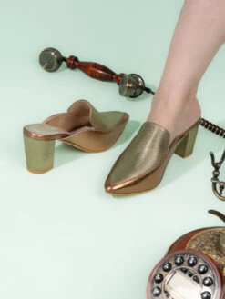 Alberto Torresi Women’s Metallic Gold Block Heel Mules -Alberto Torresi Sale Store 1021 BROWN GOLD 8