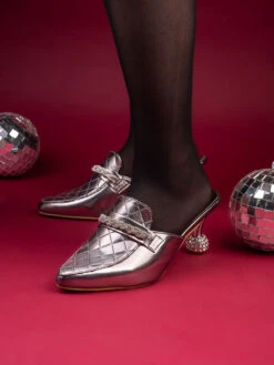 Alberto Torresi Women’s Metallic Quilted Mules With Embellished Heels -Alberto Torresi Sale Store 1022 SILVER 8