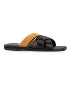 Alberto Torresi 271 Trendy Non Stitched StrapBlack Leather Men Slippers -Alberto Torresi Sale Store 59271 BLACK YELLOW 4