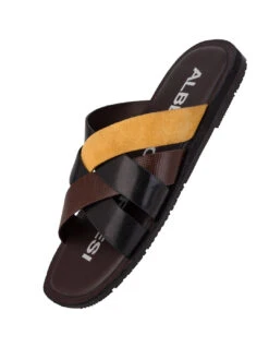 Alberto Torresi 271 Trendy Non Stitched StrapBlack Leather Men Slippers -Alberto Torresi Sale Store 59271 BLACK YELLOW 6