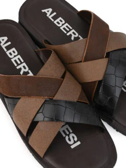 Alberto Torresi 272 Trendy Non Stitched Strap Black Leather Slippers -Alberto Torresi Sale Store 59272 BLACK CROCO 7