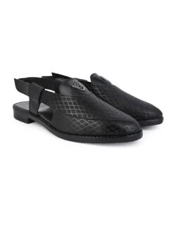 Alberto Torresi Genuine Black Leather Textured Peshawari Sandal With Padded Insole -Alberto Torresi Sale Store 88770BLACK 2