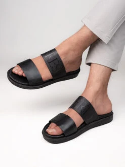 Alberto Torresi PVC Printed Branding Textured Black Leather Men Slippers